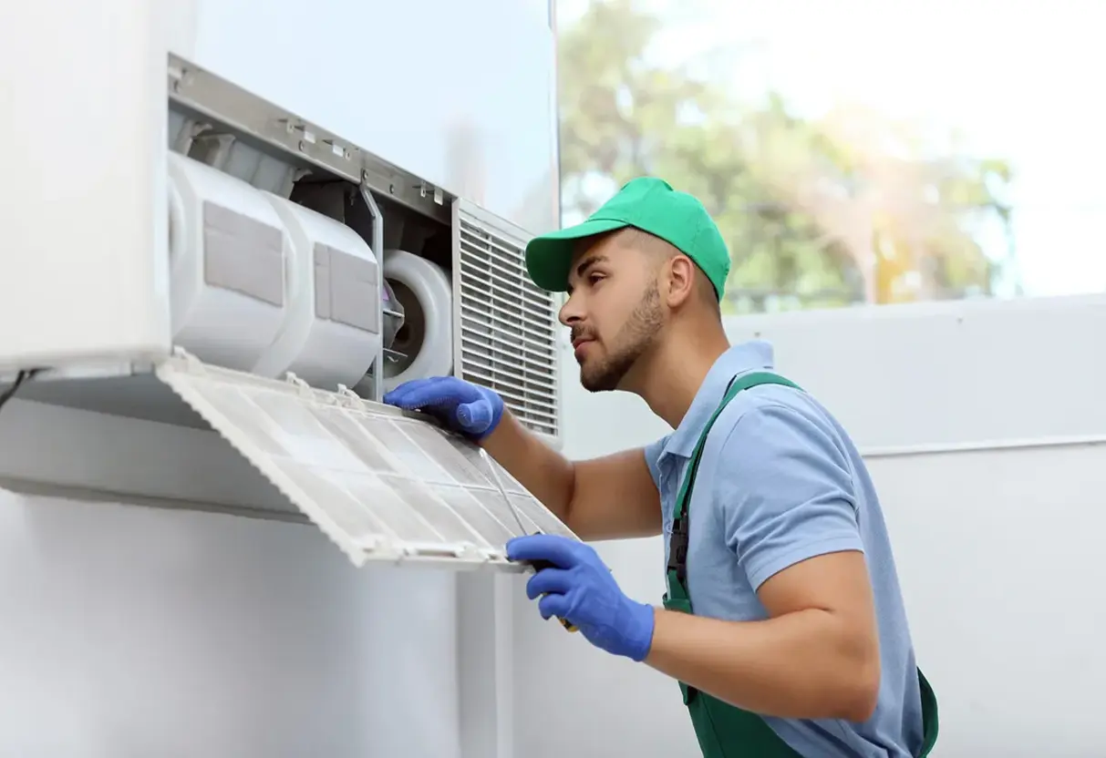 Image shows that a man with green hat is doing reliable AC fix for his client.